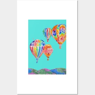 Hot Air Balloon Watercolor Painting on Aqua Turquoise Balloons Posters and Art